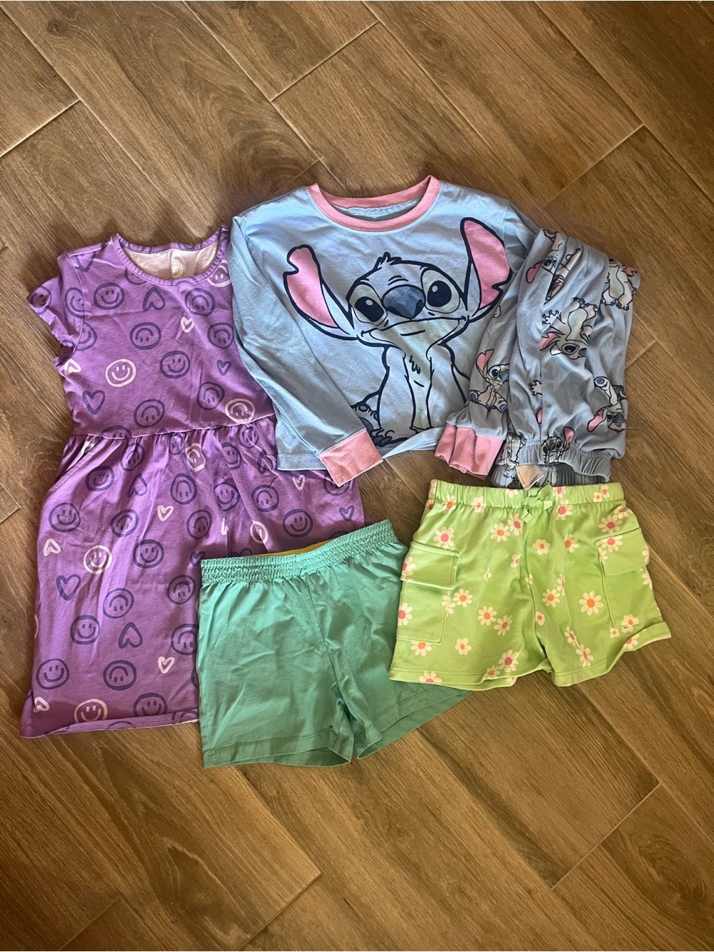 Girls clothes bundle, with Pajama Set, Purple dress, Light Green shorts